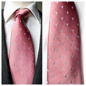 Vintage Etienne Aigner Cranberry Pink Blue & White Embroidered Diamond Silk Tie